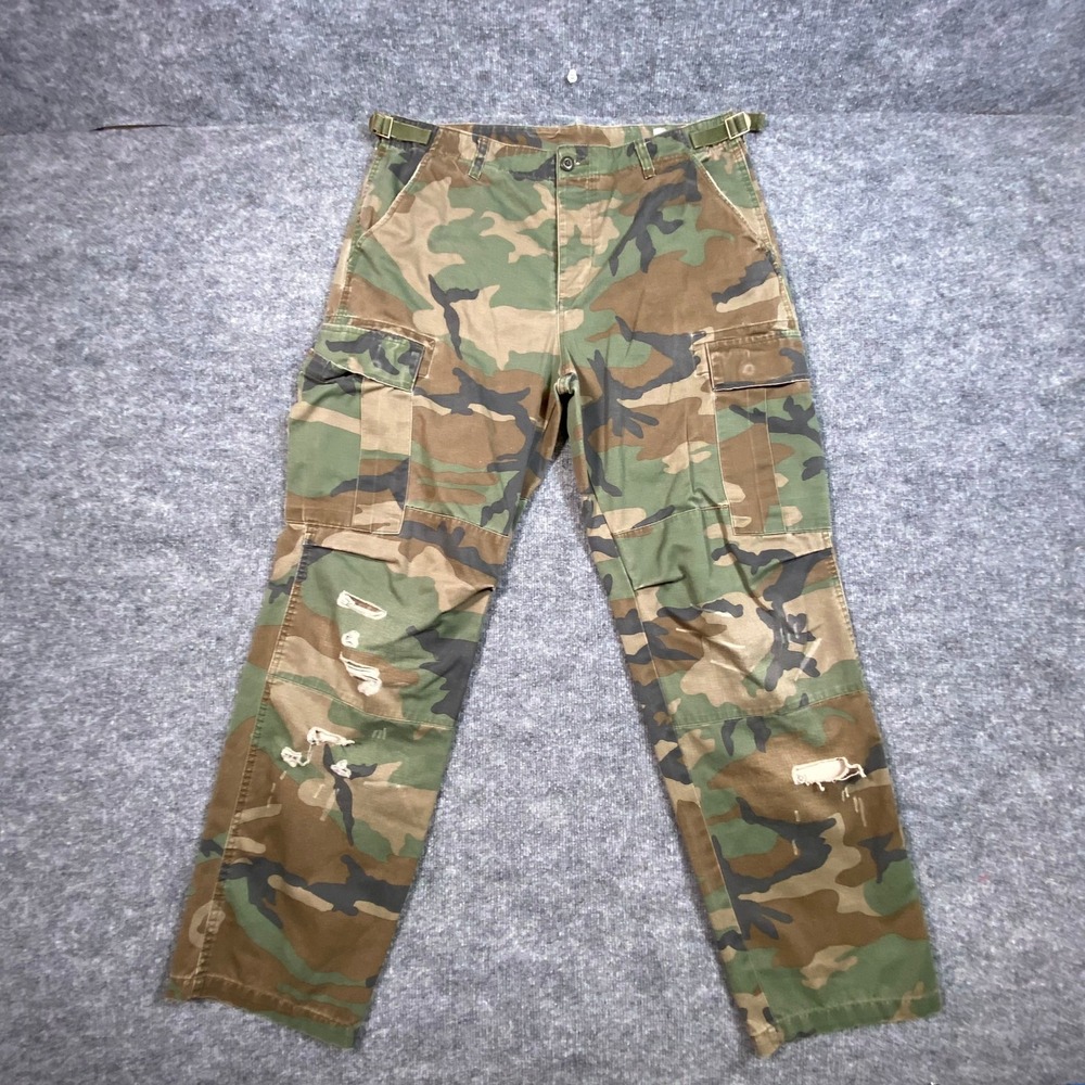 Mnml Mens Woodland Camo Distressed Cargo Pants Size 36 Adjustable Streetwear